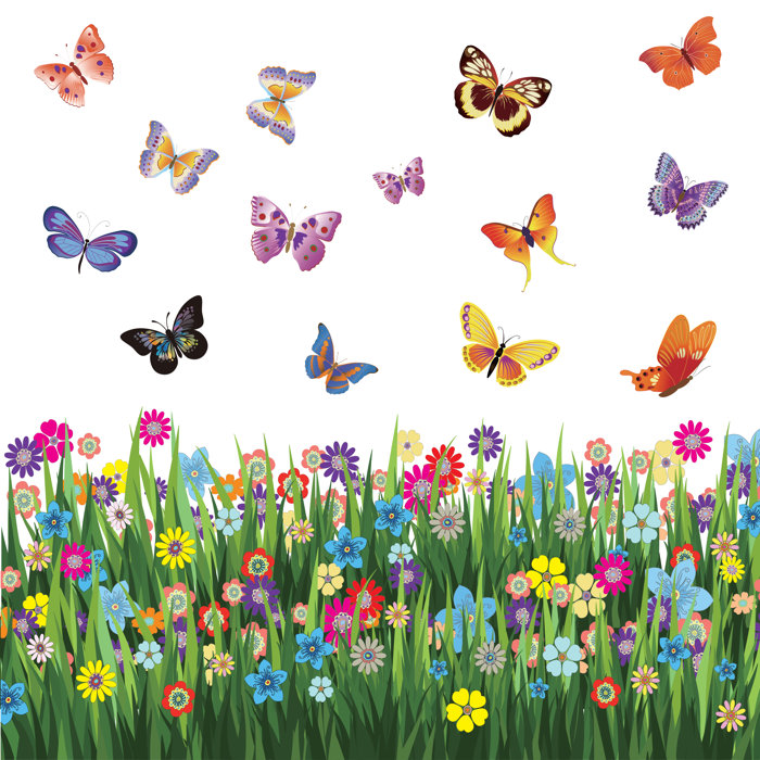 East Urban Home Colourful Butterflies Flower and Grasses Wall Sticker